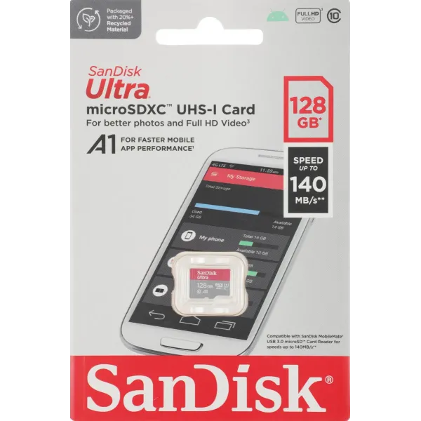 Карта памяти SanDisk Ultra microSDXC 128 Гб UHS-I Class 10 до 140 МБ/с SDSQUAB-128G-GN6MN