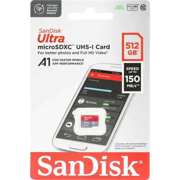Карта памяти SanDisk Ultra microSDXC 512 Гб UHS-I Class 10 до 150 МБ/с SDSQUAC-512G-GN6MN